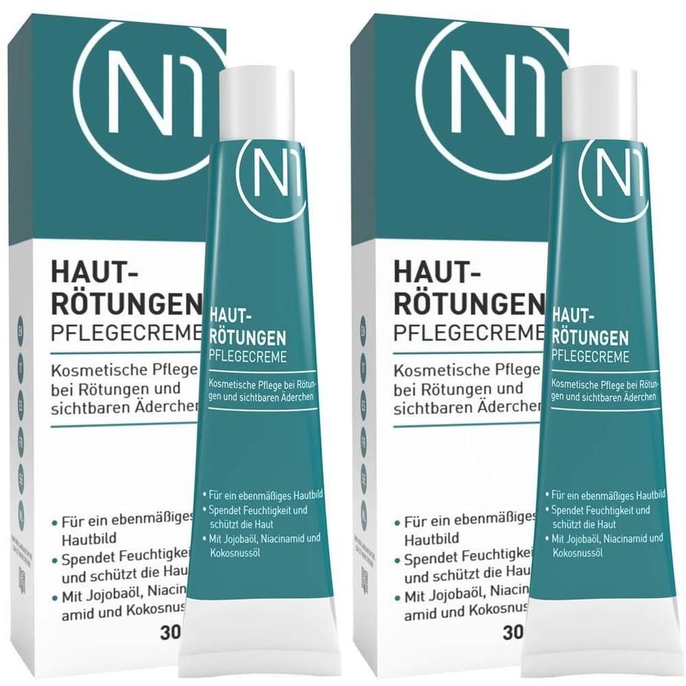 Zwei Tuben und Schachteln. Aufschrift: N1 Hautrötungen Pflegecreme. Kosmetische Pflege bei Rötungen und sichtbaren Äderchen.
