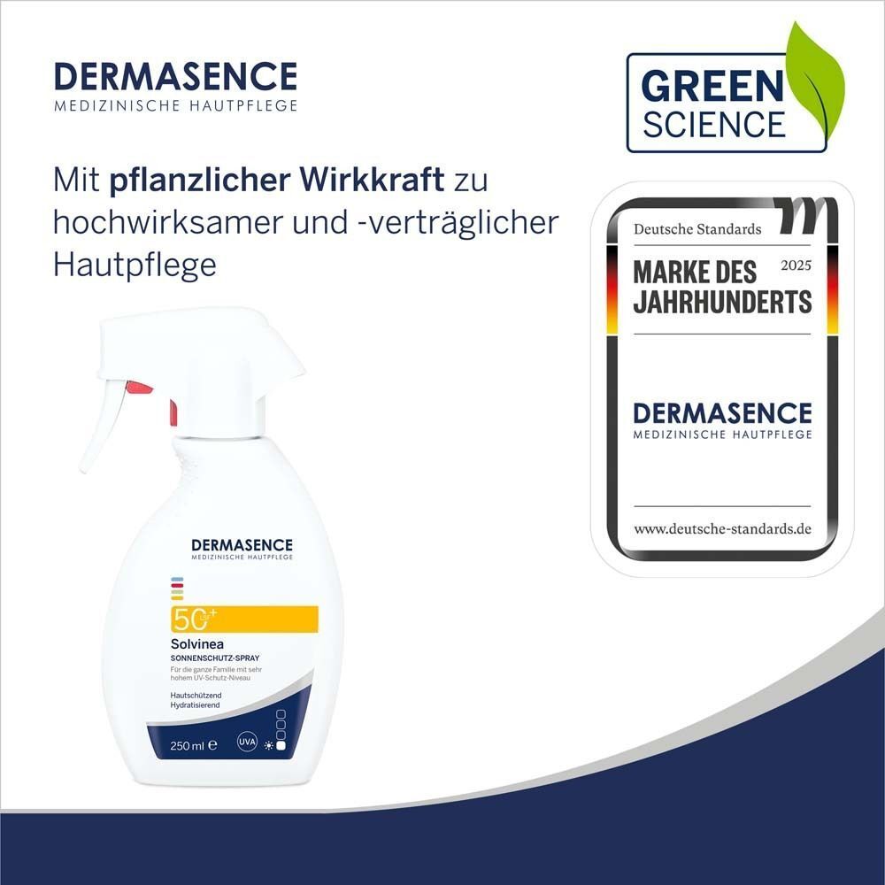 Solvinea Sonnenschutz-Spray LSF 50+ mit Zertifizierung. Weiße Flasche mit Sprühkopf, gelbem Etikett und blauer Schrift. Grün-Siegel.