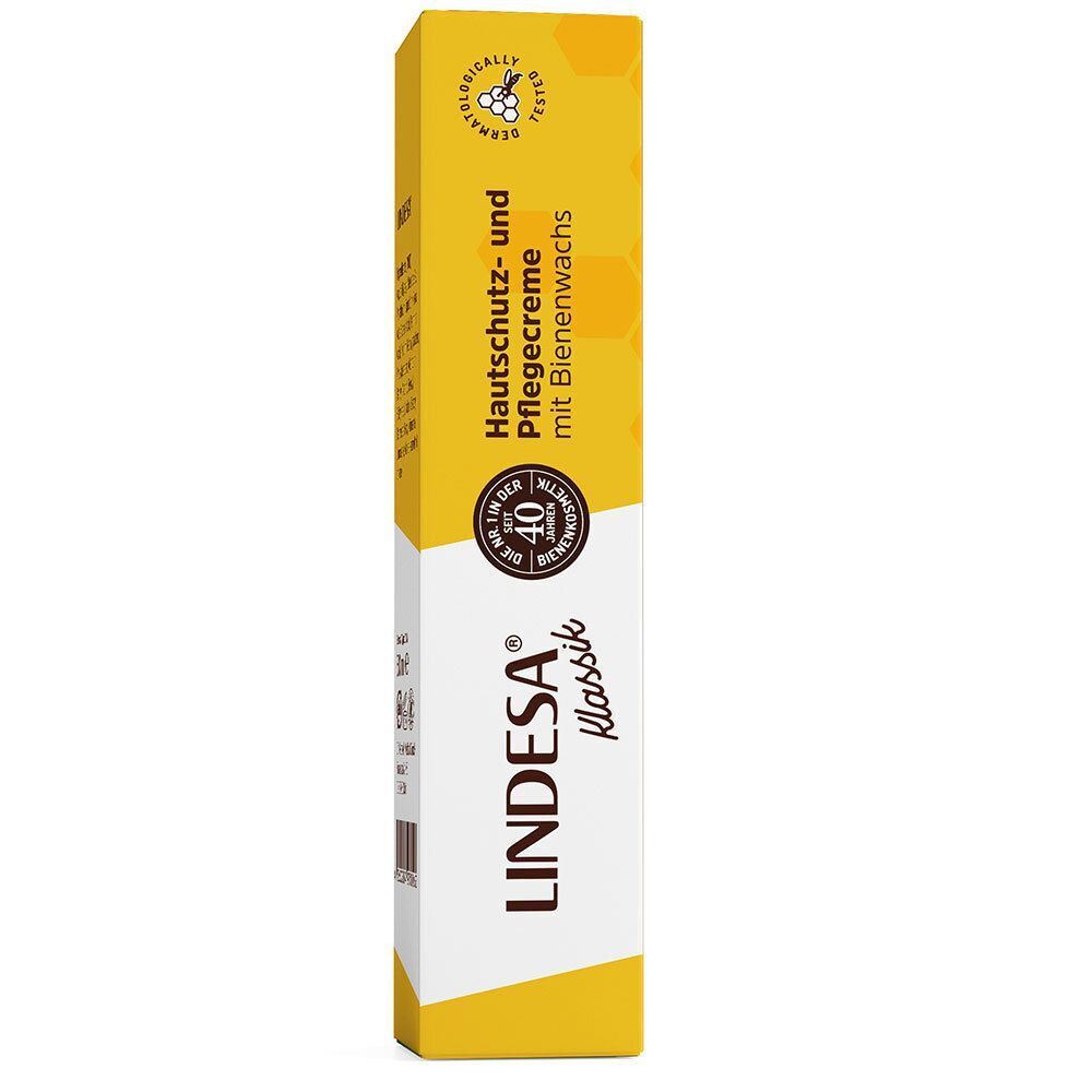 Verpackung von LINDESA Klassik Hautschutz- und Pflegecreme. Gelbe Verpackung mit weißem Hintergrund. Aufschrift: LINDESA Klassik.