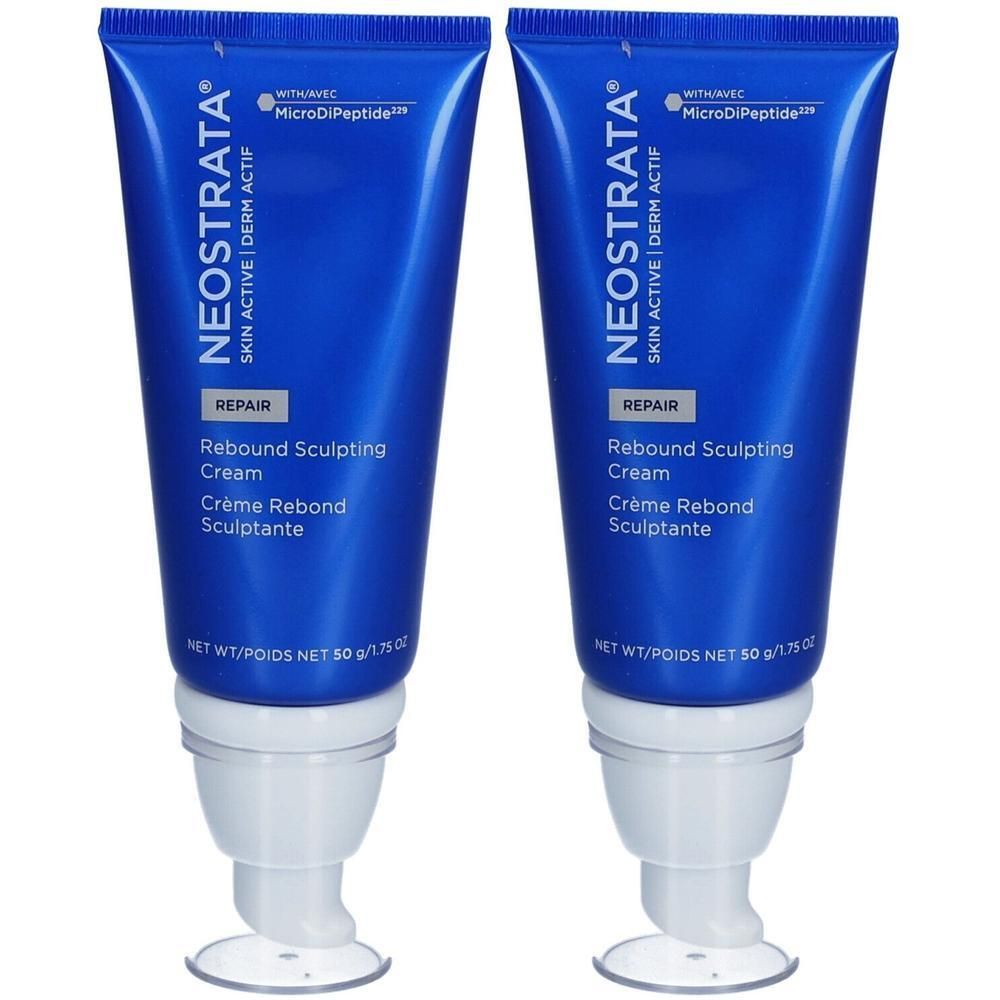 Zwei blaue Tuben mit weißem Spender. Aufschrift: NEOSTRATA, SKIN ACTIVE, Rebound Sculpting Cream. Mit MicroDiPeptide.