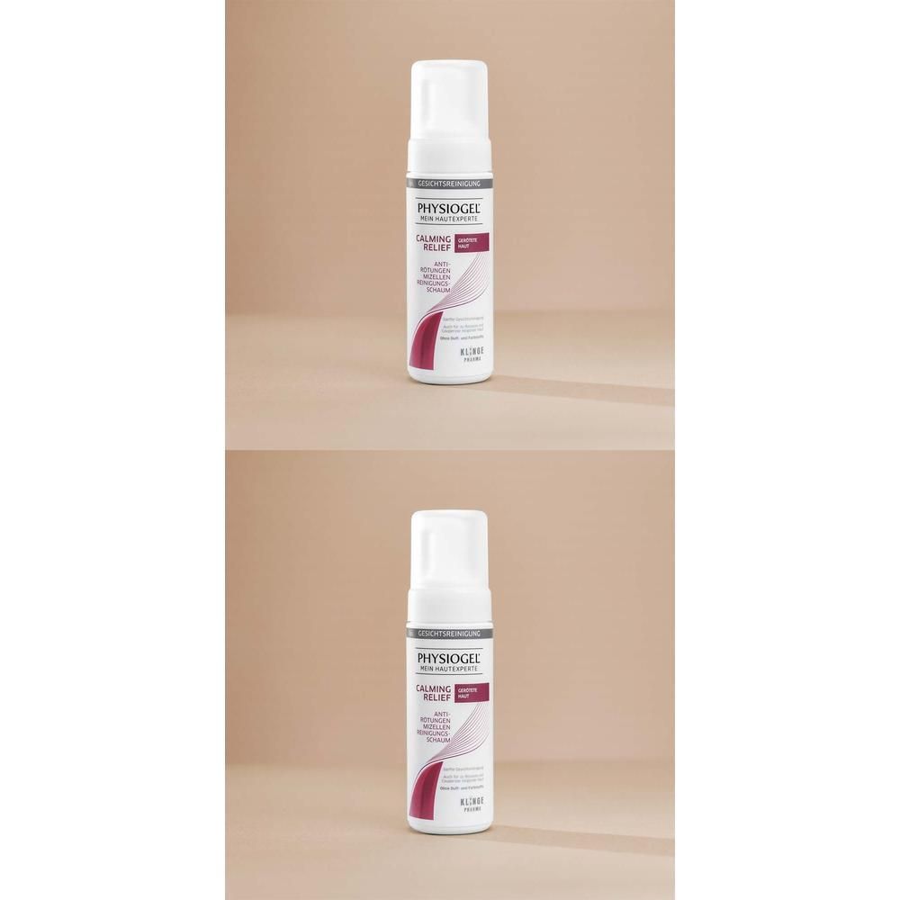 Zwei Flaschen PHYSIOGEL Calming Relief Reinigungsschaum. Weiße Flaschen mit Pumpaufsatz, Etikett mit Produktinformationen.