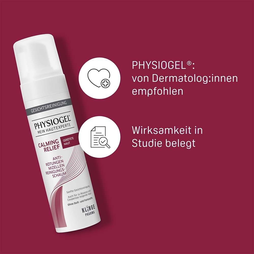PHYSIOGEL Calming Relief Reinigungsschaum. Text: von Dermatologen empfohlen, Wirksamkeit in Studie belegt. Produkt auf rotem Hintergrund.