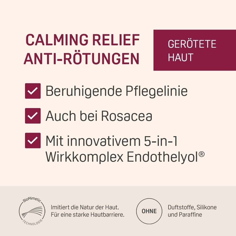 Text: Calming Relief Anti-Rötungen, beruhigende Pflegelinie, auch bei Rosacea, mit innovativem 5-in-1 Wirkkomplex. Ohne Duftstoffe.