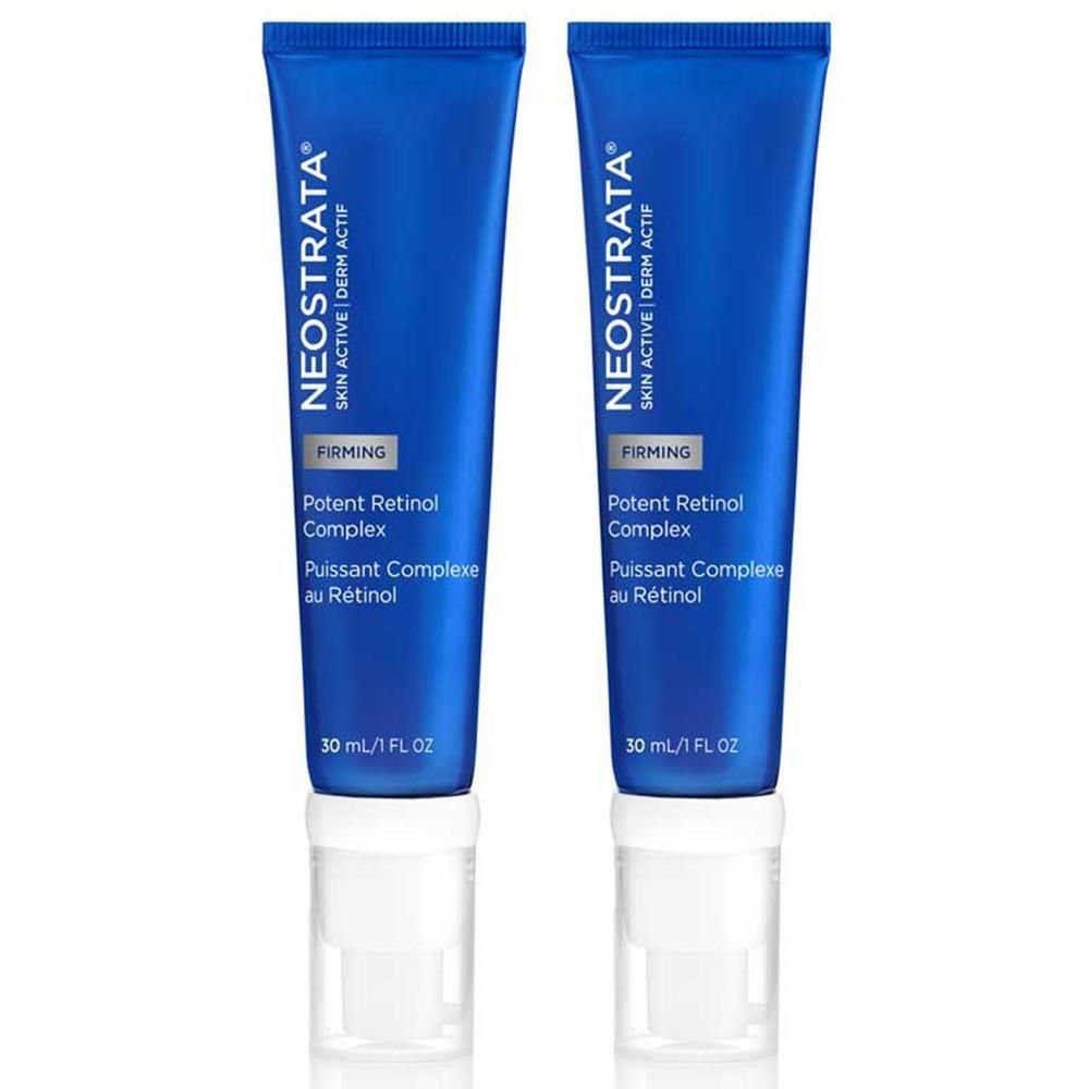 Zwei blaue Tuben mit weißem Verschluss. Aufschrift: NEOSTRATA, Potent Retinol Complex, 30 ml/1 FL OZ.