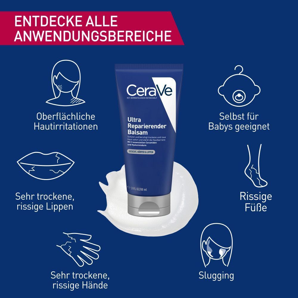 Anwendungsbereiche: Gesicht, Lippen, Hände, Füße, Babys. CeraVe Ultra Reparierender Balsam.