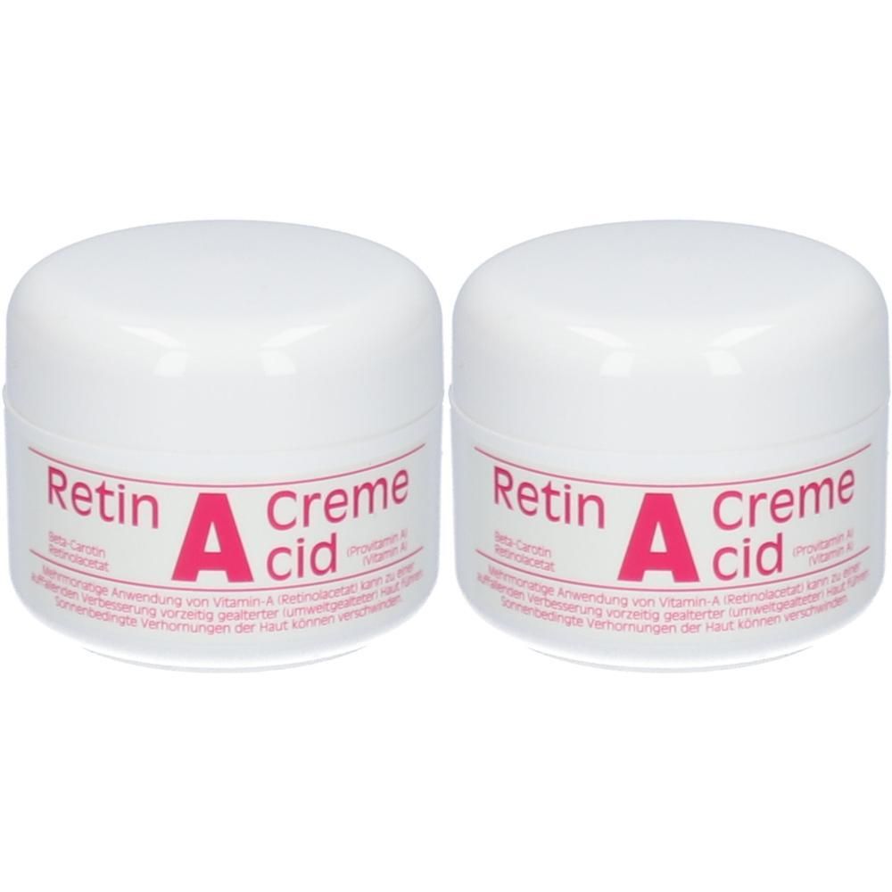 Zwei weiße Cremetiegel mit roter Aufschrift: Retin A Acid. Aufschrift auf Etikett. Deckel flach.