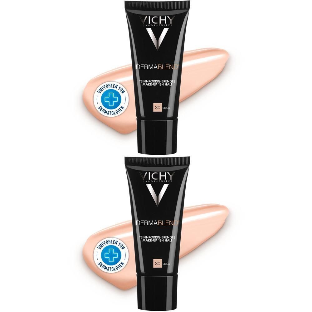 Zwei Tuben VICHY DERMABLEND Make-up 30, schwarze Tube mit beigem Make-up-Fleck. Empfohlen von Dermatologen.
