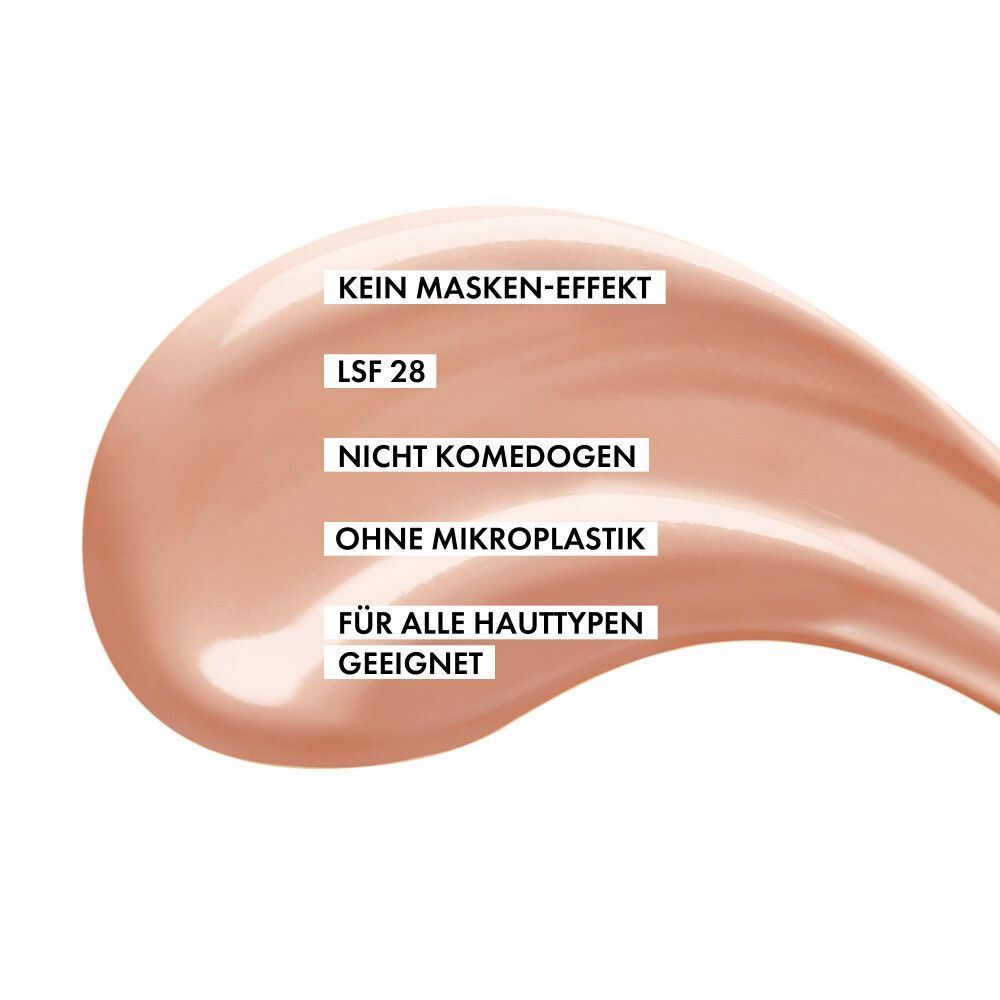 Beiger Make-up-Fleck. Text: Kein Masken-Effekt, LSF 28, nicht komedogen, ohne Mikroplastik, für alle Hauttypen geeignet.