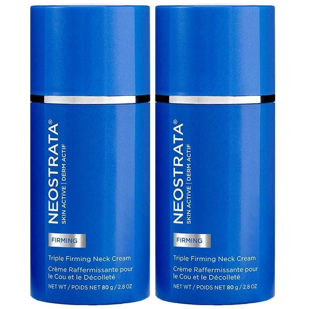 Zwei blaue zylindrische Flaschen. Aufschrift: NEOSTRATA Skin Active, Triple Firming Neck Cream. Silberner Ring am oberen Rand.