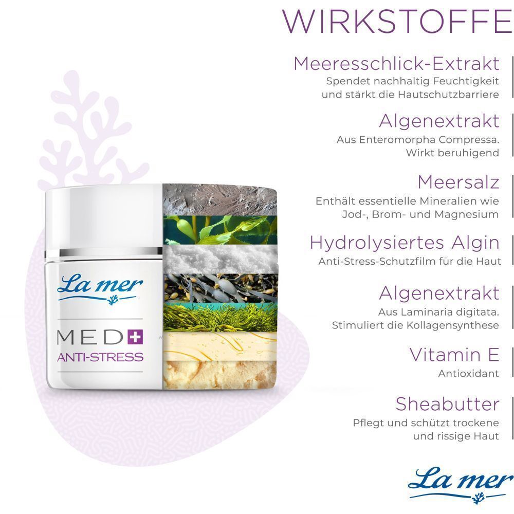 La mer MED+ Anti-Stress Creme-Tiegel neben Abbildung von Inhaltsstoffen: Meereschlick-Extrakt, Algenextrakt, Meersalz, Algin, Vitamin E, Sheabutter.