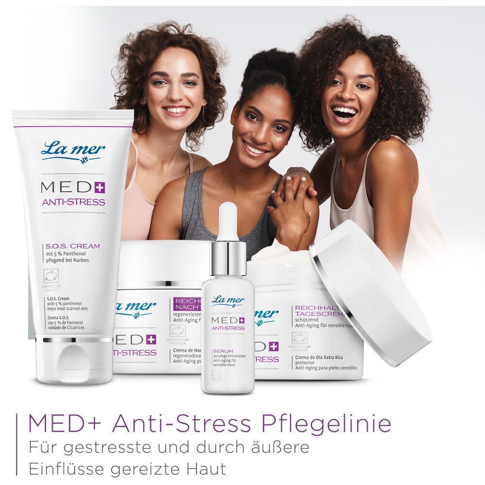 La mer MED+ Anti-Stress Pflegelinie. Produkte: Creme, Serum, S.O.S. Creme. Für gestresste und durch äußere Einflüsse gereizte Haut.
