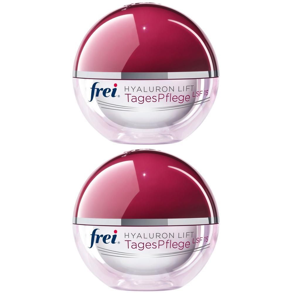 Zwei Tiegel frei öl Tagespflege LSF 15. Runde, transparente Behälter mit burgunderfarbenen Deckeln. Produktname und Marke sichtbar.