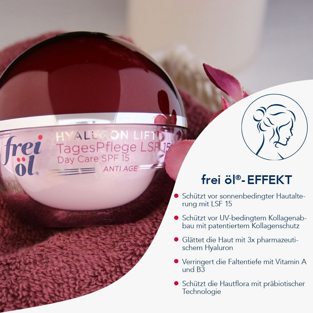 Tiegel frei öl Tagespflege LSF 15. Produkt neben Text über frei öl-Effekt. Qualitätszeichen Apotheker-Qualität.