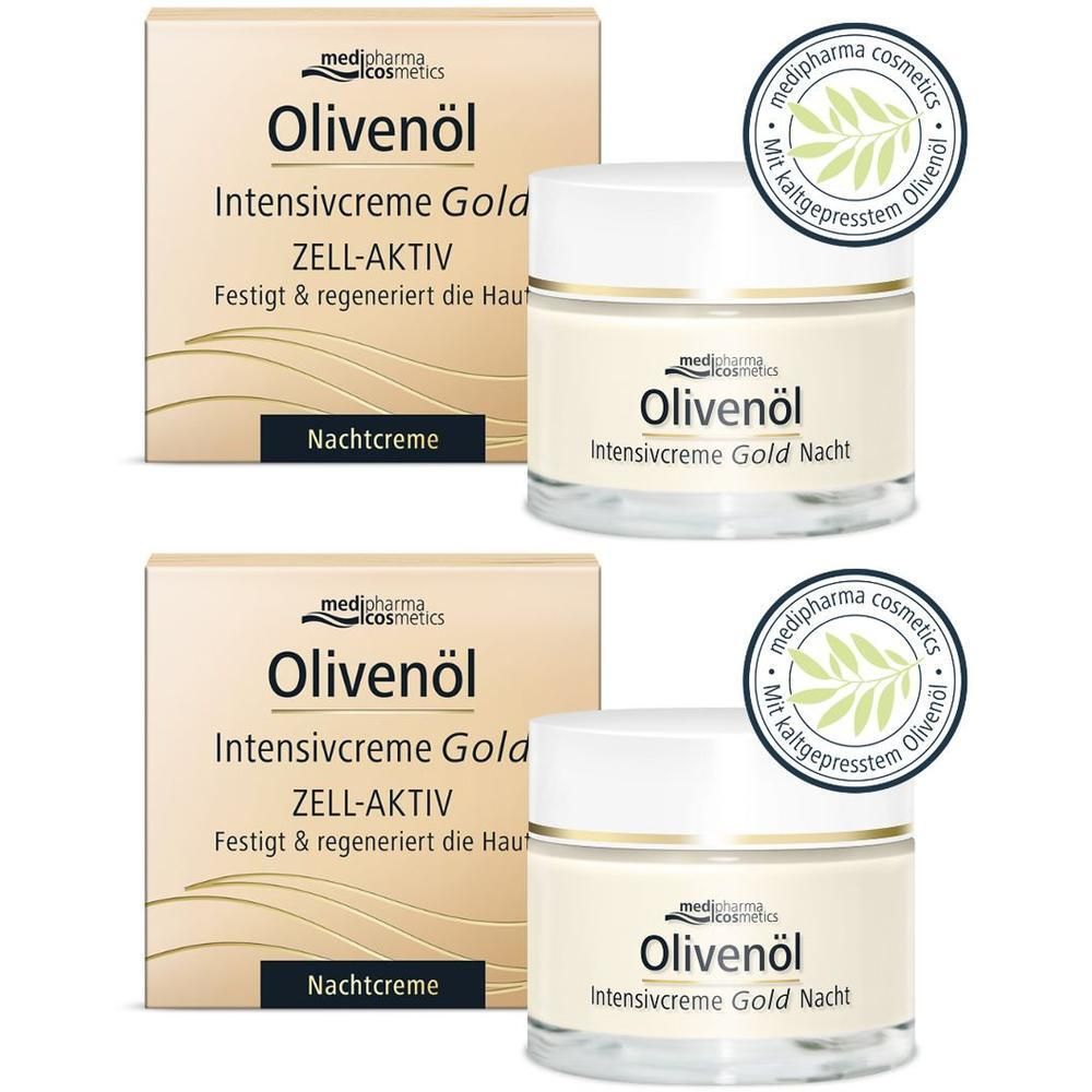 Zwei Tiegel OLIVENÖL INTENSIVCREME Gold ZELL-AKTIV Nachtcreme mit Verpackung. Aufschrift: medi-pharma cosmetics, Olivenöl.