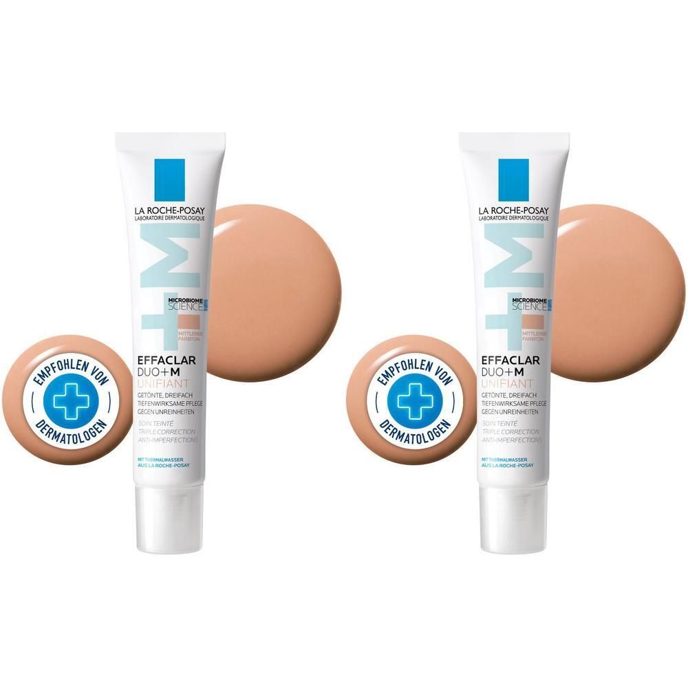 Zwei Tuben ROCHE-POSAY Effaclar Duo+M Unifiant Creme mittel, daneben zwei Farbkleckse. Auf jeder Tube: Logo, Produktname, Farbton.