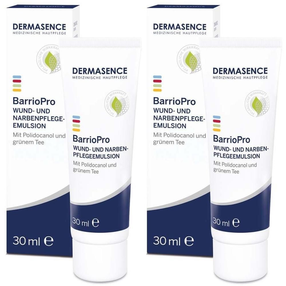 Zwei Tuben und Verpackungen. Aufschrift: DERMASENCE BarrioPro Wund- und Narbenpflegeemulsion. 30 ml.