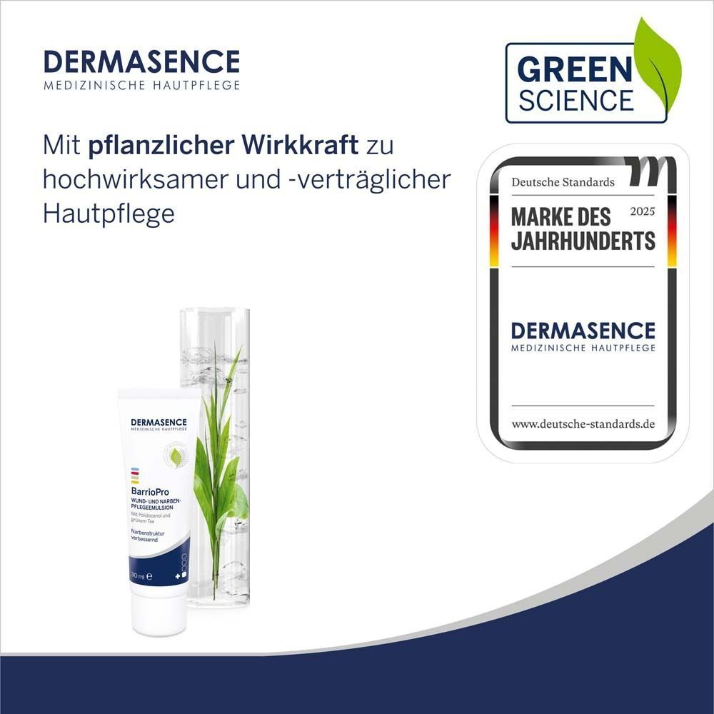 Produkt und Zertifizierung. Aufschrift: DERMASENCE, Marke des Jahrhunderts. Grün-Logo.