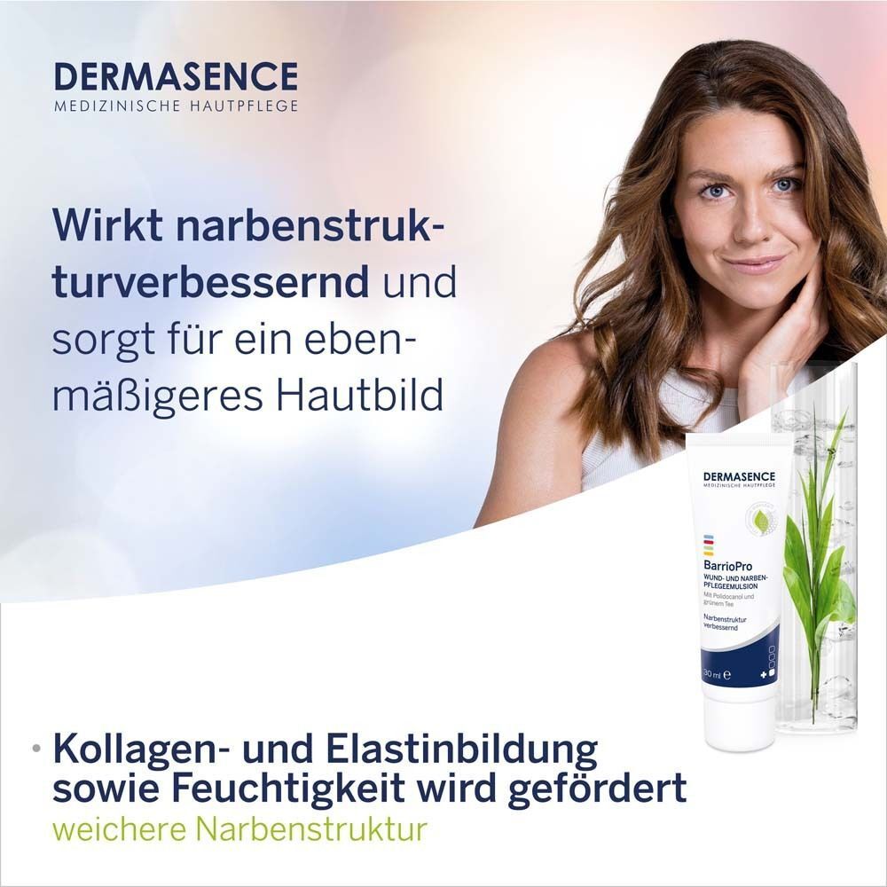 Produkt neben einer Frau. Aufschrift: DERMASENCE BarrioPro. Text über Narbenverbesserung.