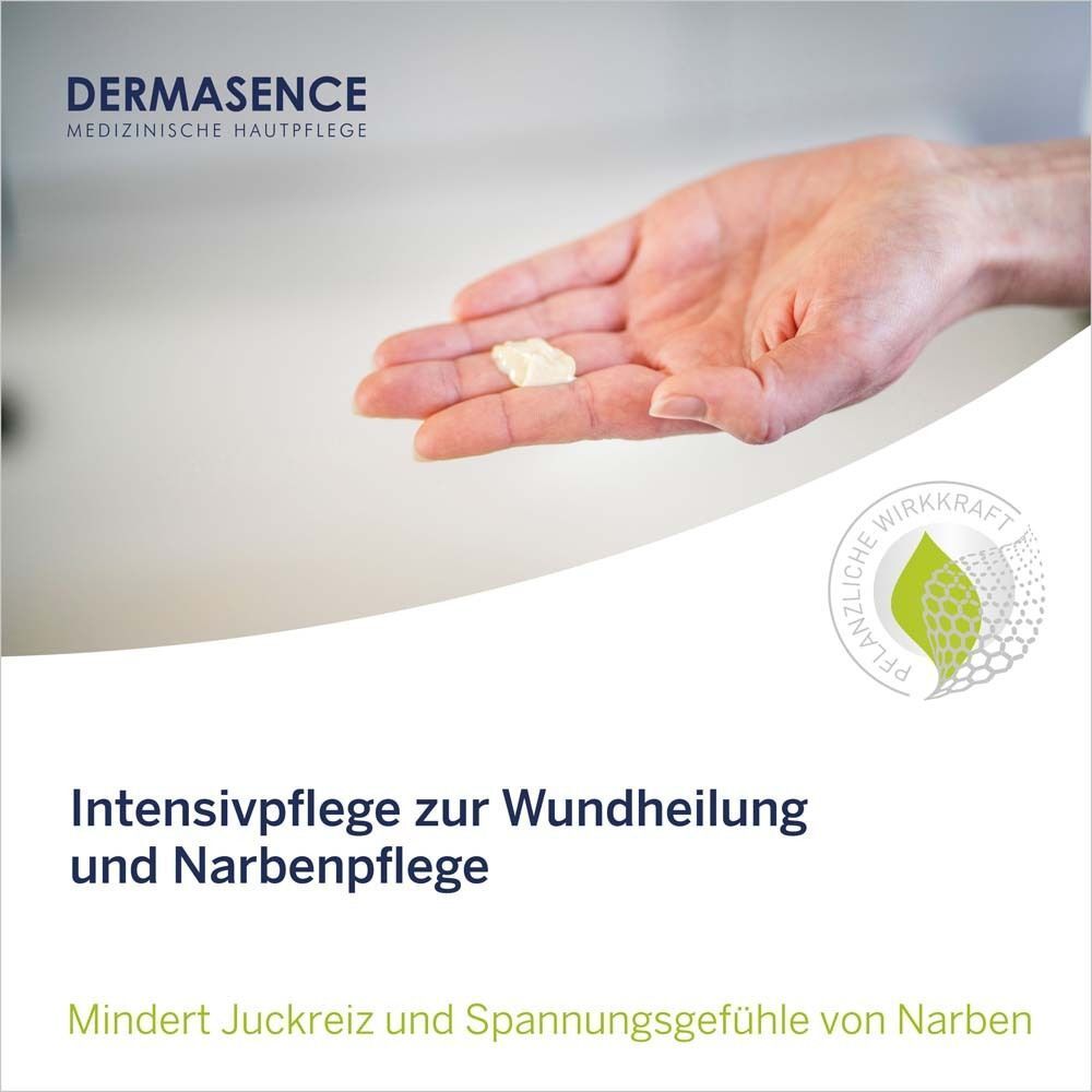 Produkt auf einer Hand. Text: Intensivpflege zur Wundheilung und Narbenpflege.