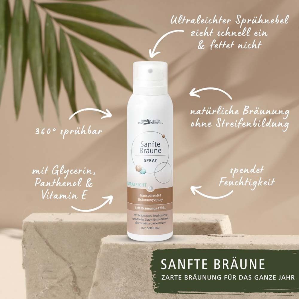 Weiße Sprühflasche "Sanfte Bräune Spray" mit Produktinformationen. Auf braunem Hintergrund mit Text.