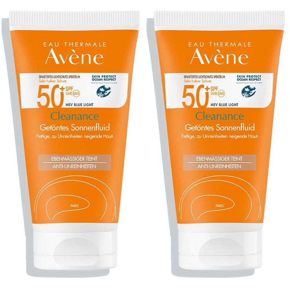 Zwei Tuben Sonnenfluid mit orangefarbener Verpackung. Aufschrift: AVENE, Cleanance, SPF 50+, getönt. Weiße Verschlusskappe.