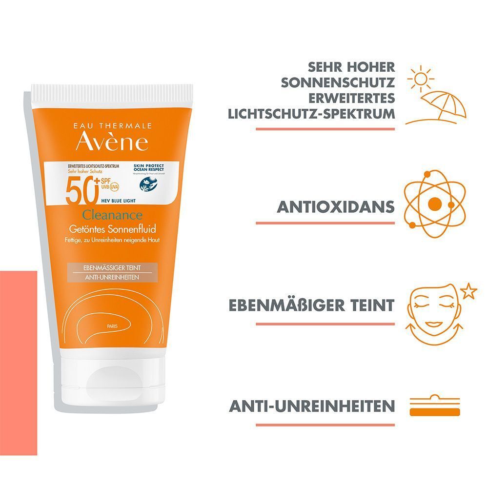 Orange Tube Sonnenfluid. Aufschrift: AVENE, Cleanance, SPF 50+, getönt. Text und Icons heben Eigenschaften hervor: Antioxidantien, ebenmäßiger Teint.