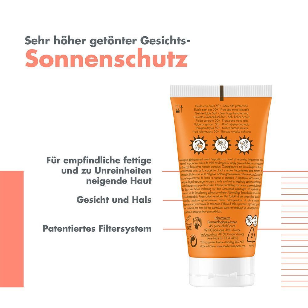 Rückseite einer Tube Sonnenfluid. Text: Für empfindliche, fettige und zu Unreinheiten neigende Haut. Patentiertes Filtersystem.