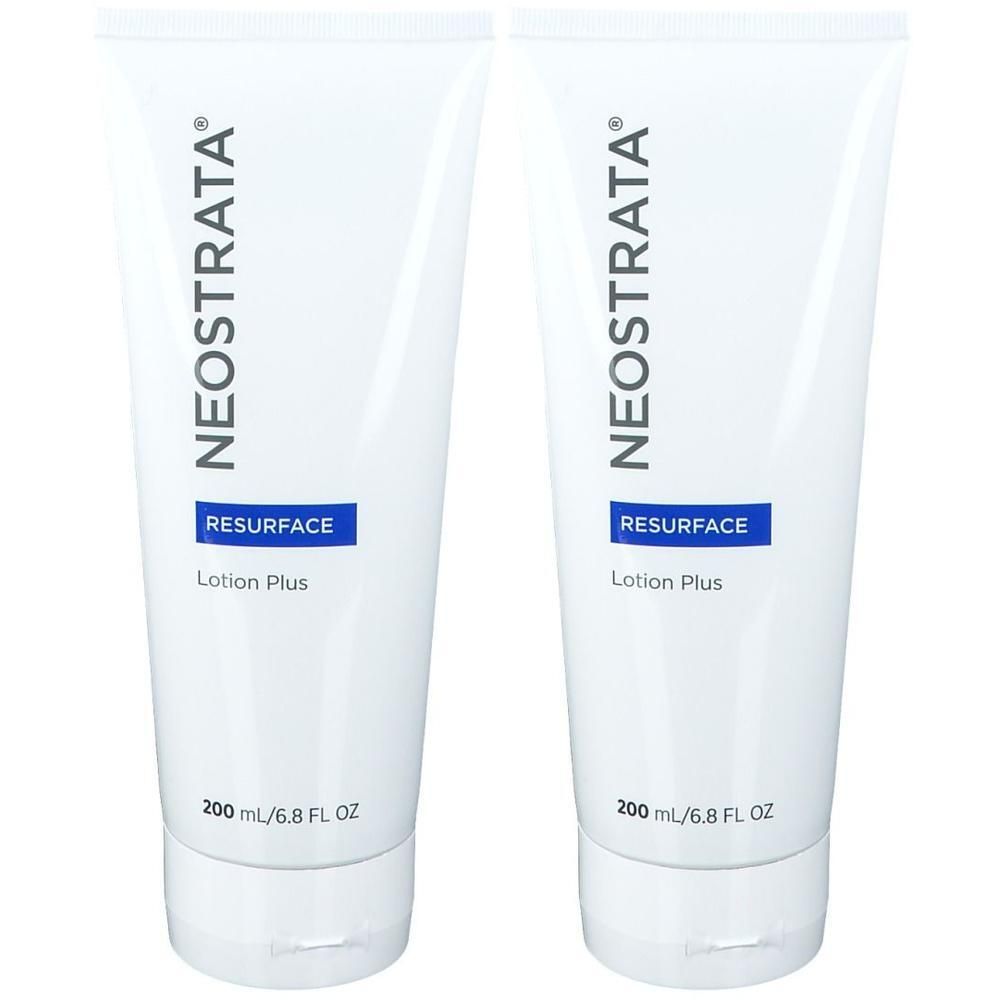 Zwei weiße Tuben mit blauer Schrift. Aufschrift: NEOSTRATA, RESURFACE, Lotion Plus. Volumen: 200 ml/6.8 FL OZ.
