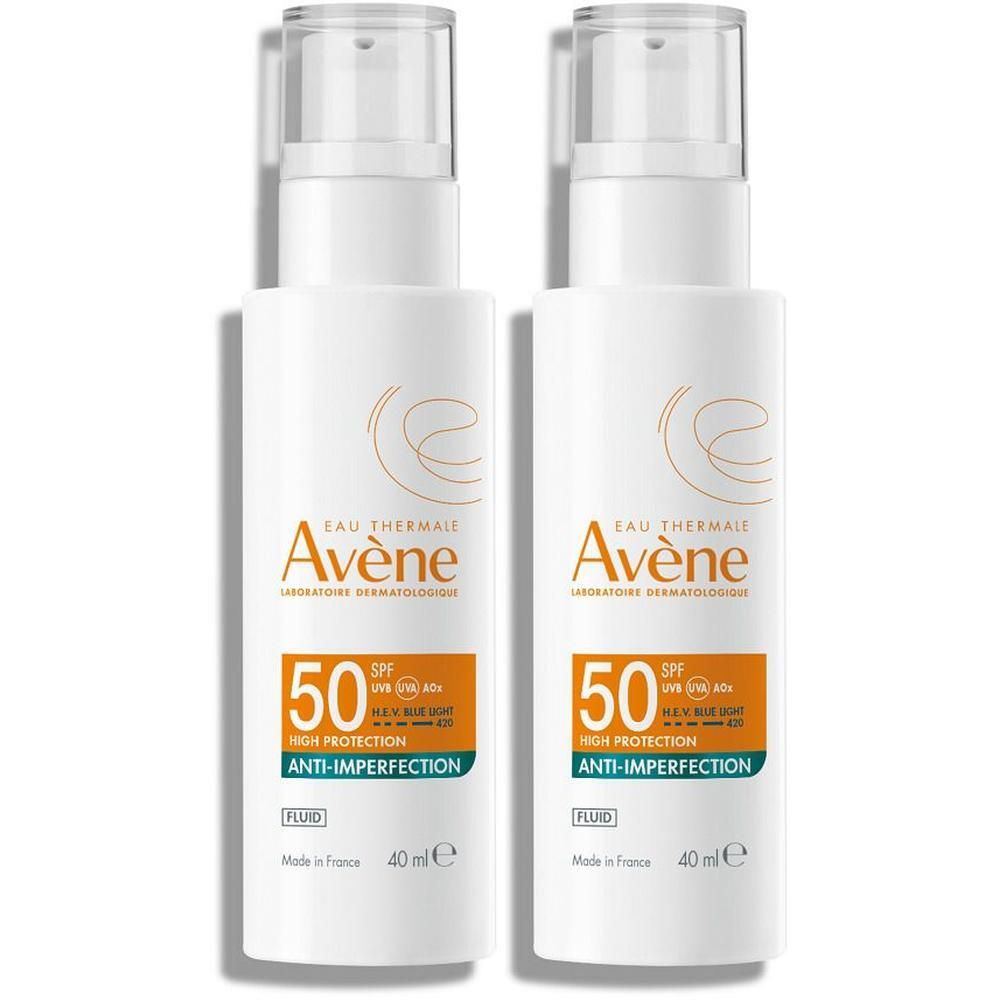 Zwei weiße Flaschen AVENE Anti-Imperfection Fluid SPF 50 mit Pumpverschluss. Aufschrift: 50, Anti-Imperfection, 40 ml.