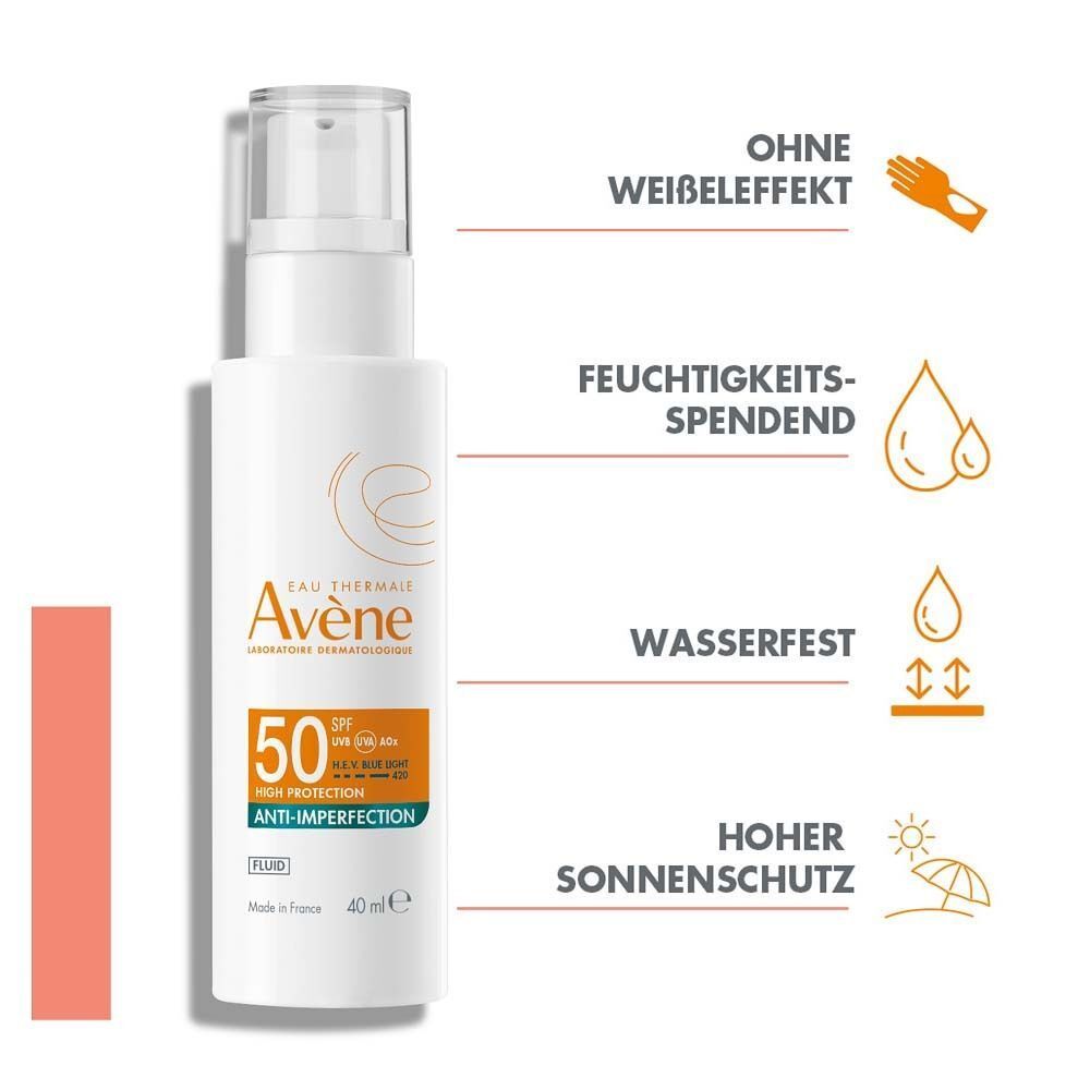 Weiße Flasche AVENE Anti-Imperfection Fluid SPF 50. Text: Ohne Weißeleffekt, feuchtigkeitsspendend, wasserfest, hoher Sonnenschutz.