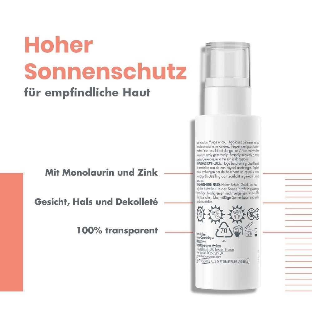 Rückseite der weißen Flasche AVENE Anti-Imperfection Fluid SPF 50. Text: Hoher Sonnenschutz für empfindliche Haut, mit Monolaurin und Zink.