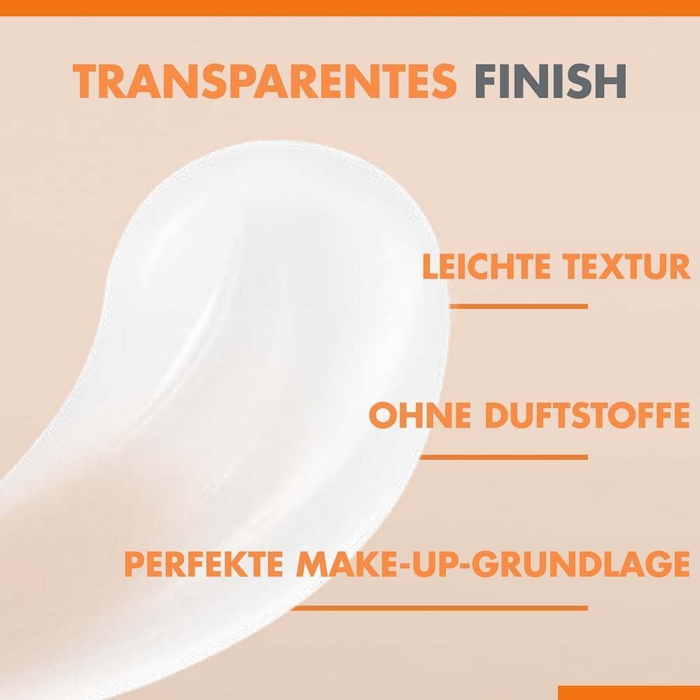 Nahaufnahme einer weißen Creme. Text: Transparentes Finish, leichte Textur, ohne Duftstoffe, perfekte Make-up-Grundlage.