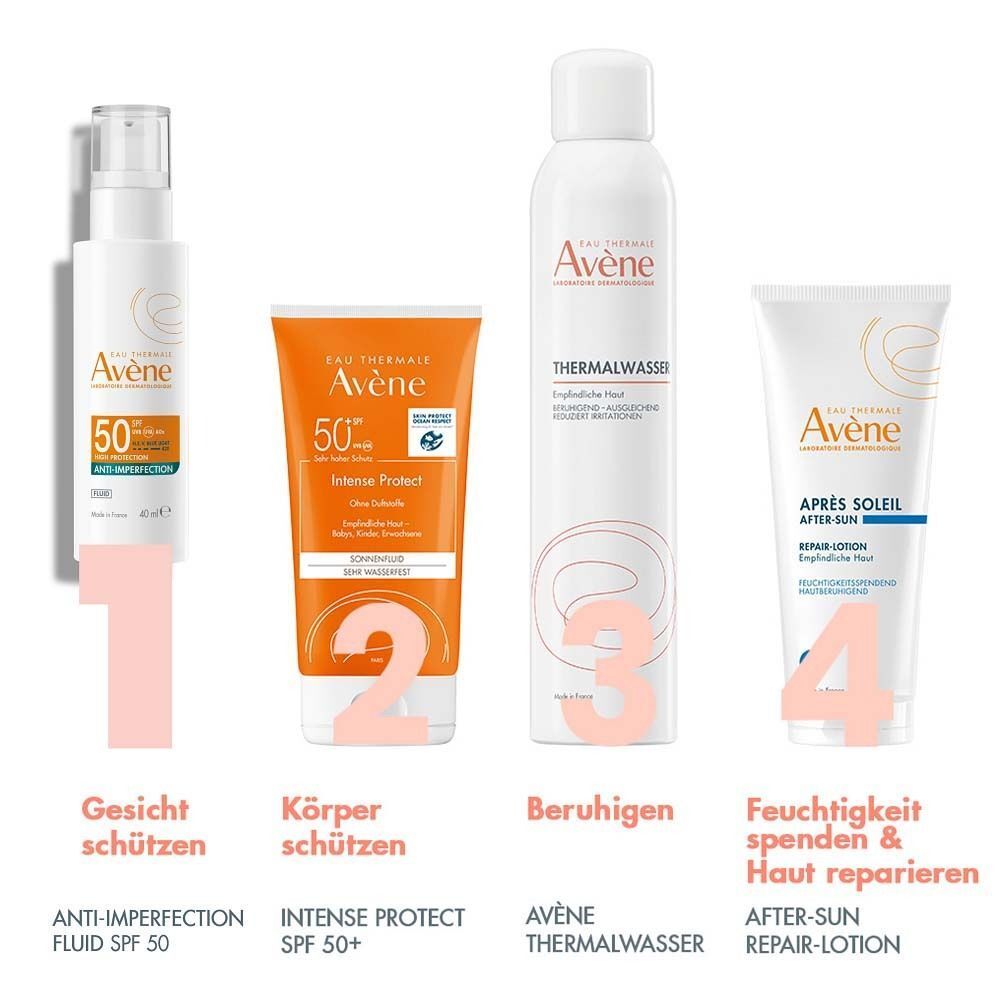 Vier Produkte: AVENE Anti-Imperfection Fluid SPF 50, Intense Protect SPF 50+, Thermalwasser, After-Sun Repair-Lotion. Beschriftung.
