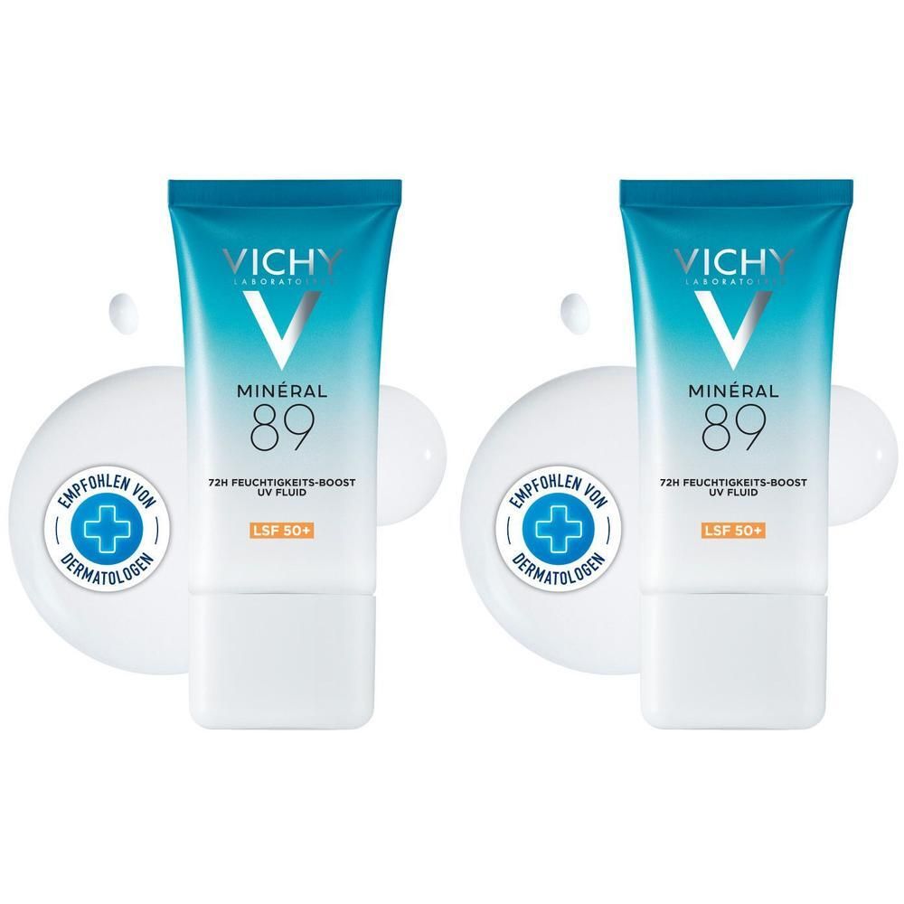 Zwei Tuben VICHY MINERAL 89 Feuchtigkeits-Boost UV Fluid. Blau-weiße Verpackung, Text und Logo. Empfohlen von Dermatologen.