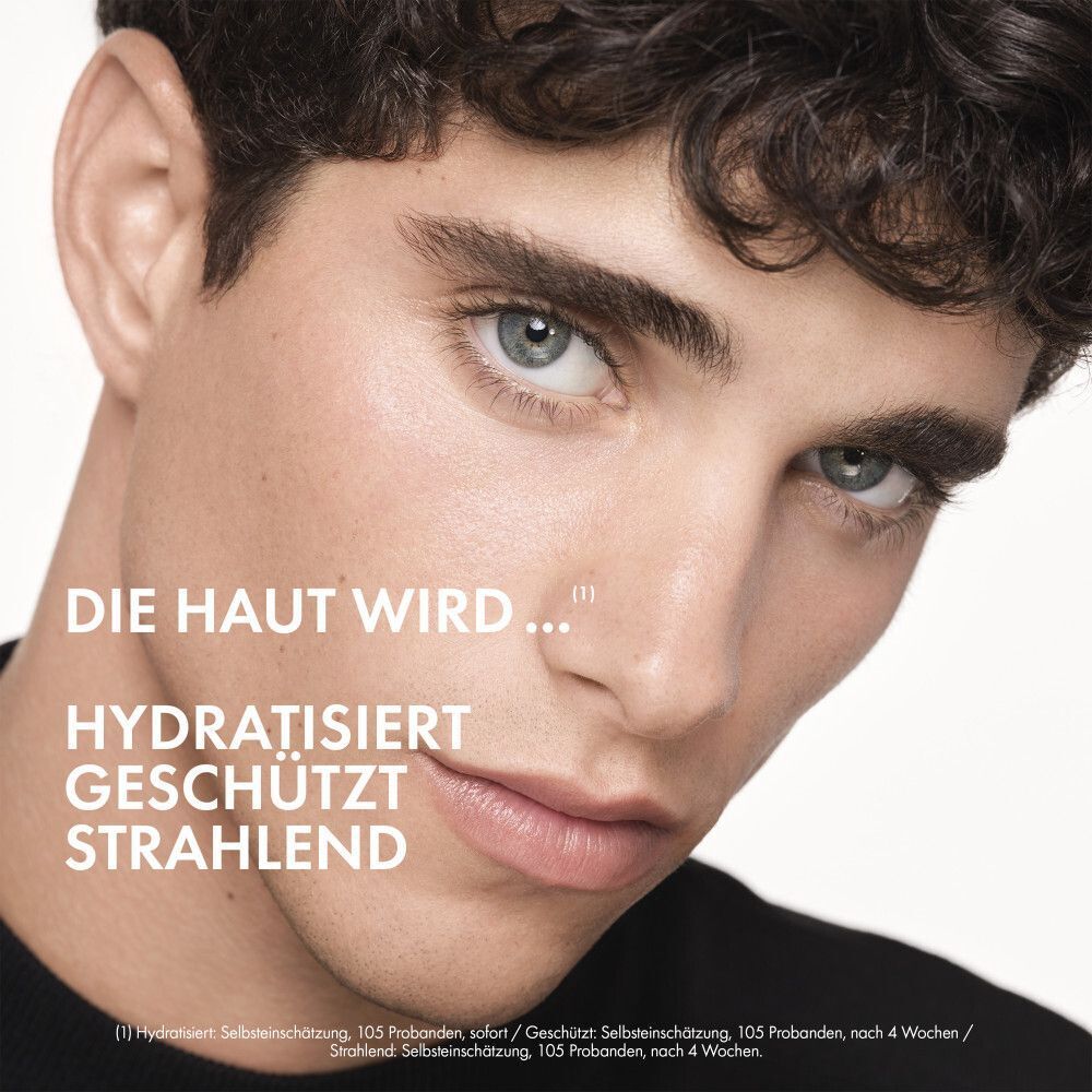 Porträt eines Mannes. Text: Die Haut wird... hydratisiert, geschützt, strahlend. Untertitel über Hautschutz.