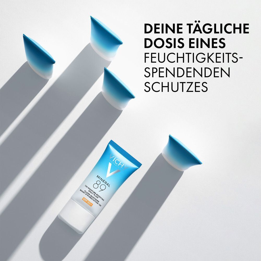 Produkt-Tube VICHY MINERAL 89 und blaue Tropfen. Text: Deine tägliche Dosis eines feuchtigkeitsspendenden Schutzes.