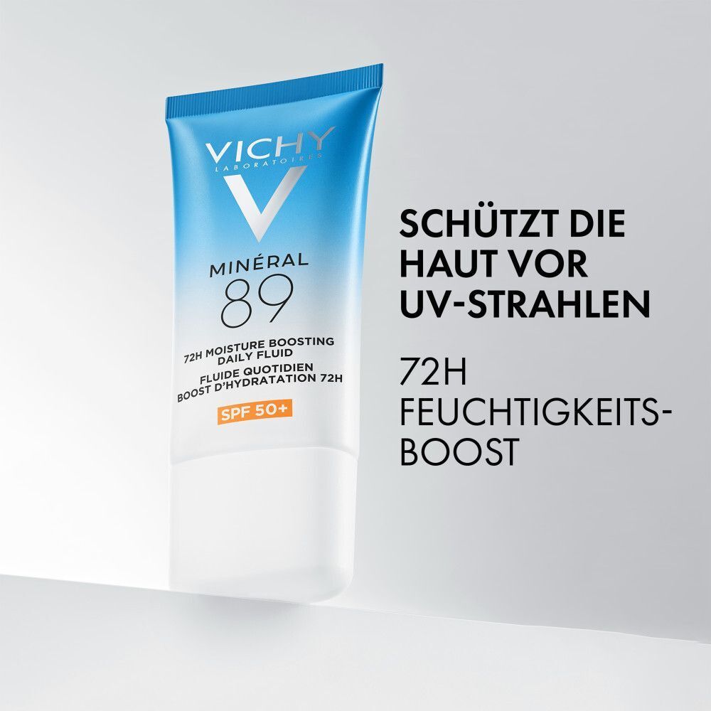 Produkt-Tube VICHY MINERAL 89. Text: Schützt die Haut vor UV-Strahlen. 72h Feuchtigkeits-Boost.