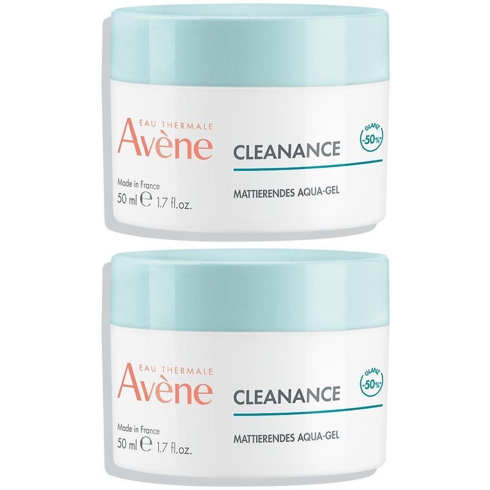 Zwei Tiegel AVENE Cleanance Aqua-Gel. Weißer Tiegel mit hellblauem Deckel. Aufschrift: Cleanance, mattierendes Aqua-Gel.
