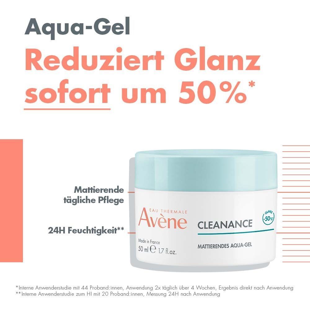 AVENE Cleanance Aqua-Gel Tiegel. Text: Aqua-Gel reduziert Glanz sofort um 50%. 50ml. Aufschrift: Cleanance, mattierendes Aqua-Gel.