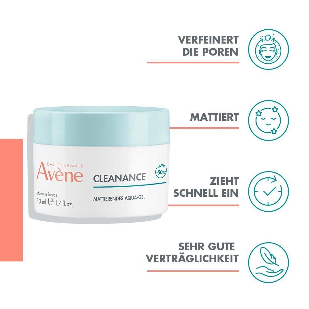 AVENE Cleanance Aqua-Gel Tiegel. Text: Verfeinert die Poren, mattiert, zieht schnell ein, sehr gute Verträglichkeit. Aufschrift: Cleanance.