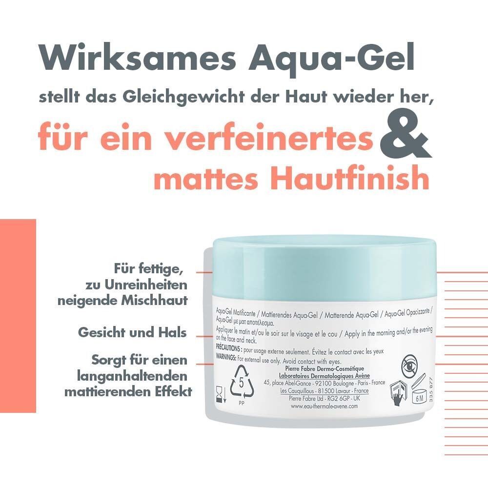 AVENE Cleanance Aqua-Gel Tiegel. Text: Für fettige, zu Unreinheiten neigende Mischhaut. Sorgt für einen langanhaltenden mattierenden Effekt.