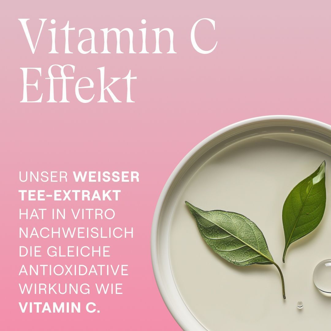 Abbildung von Blättern und Tropfen.  Text: 'Unser weißer Tee-Extrakt hat in vitro nachweislich die gleiche antioxidative Wirkung wie Vitamin C'.