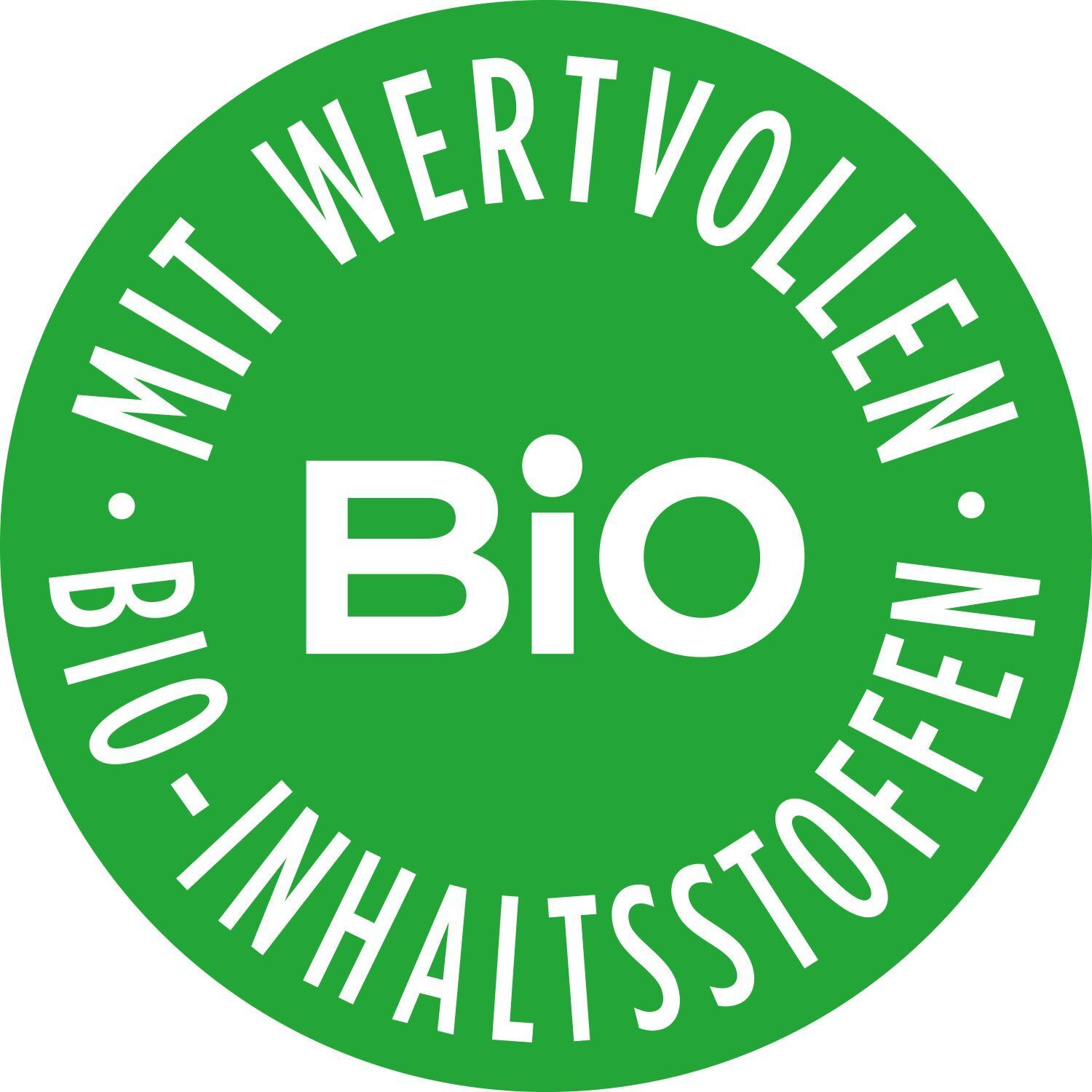Grüner Kreis mit weißem Text: 'Bio - mit wertvollen Bio-Inhaltsstoffen'.