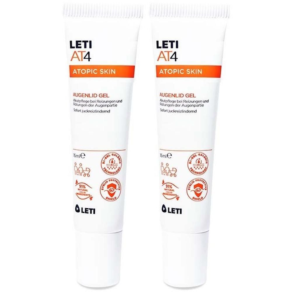 Zwei Tuben LETI AT4 Augenlid Gel. Weiße Tuben mit orangefarbenem Akzent und Produktinformationen. Logo und Zertifizierungen.