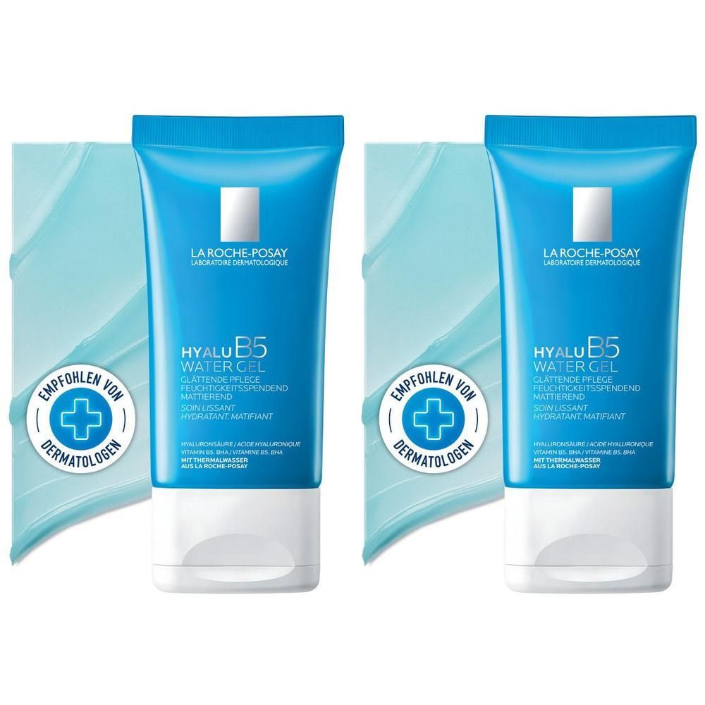 Zwei blaue Tuben ROCHE-POSAY Hyalu B5 Water Gel, empfohlen von Dermatologen. Hintergrund mit blauem Muster.