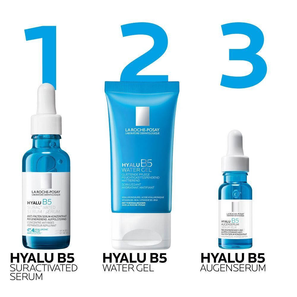 Drei Produkte: Hyalu B5 Suractivated Serum, Hyalu B5 Water Gel, Hyalu B5 Augenserum. Zahlen 1, 2, 3.