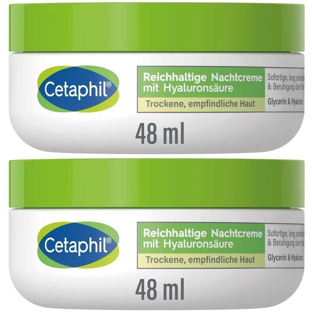 Zwei Tiegel CETAPHIL Nachtcreme mit Hyaluronsäure. Grüne Deckel, weiße Tiegel. Text: 48 ml, Reichhaltige Nachtcreme.