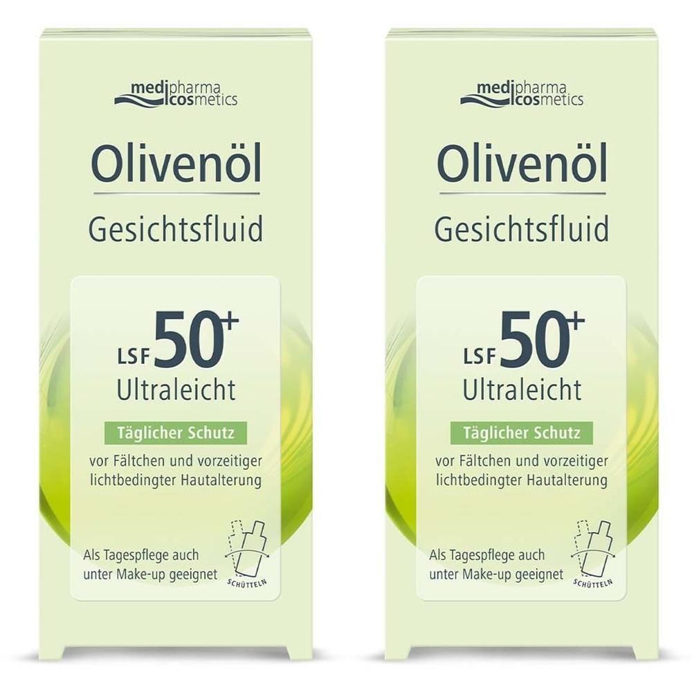Zwei Faltschachteln mit Produktaufdruck: Olivenöl Gesichtsfluid LSF 50+. Grün-weiße Verpackung mit Text und Logo.