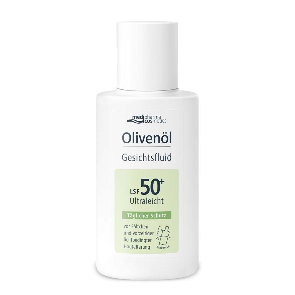 Weiße Flasche mit Produktaufdruck: Olivenöl Gesichtsfluid LSF 50+. Grünes Etikett mit Text. Weißer Deckel.