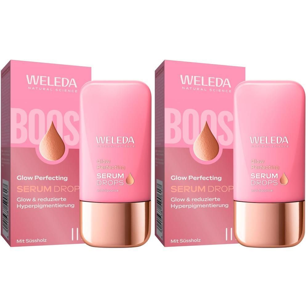Zwei Packungen WELEDA Glow Perfecting Serum Drops. Rosa Flaschen mit goldfarbenen Deckeln und rosa Verpackung mit Produktinformationen.